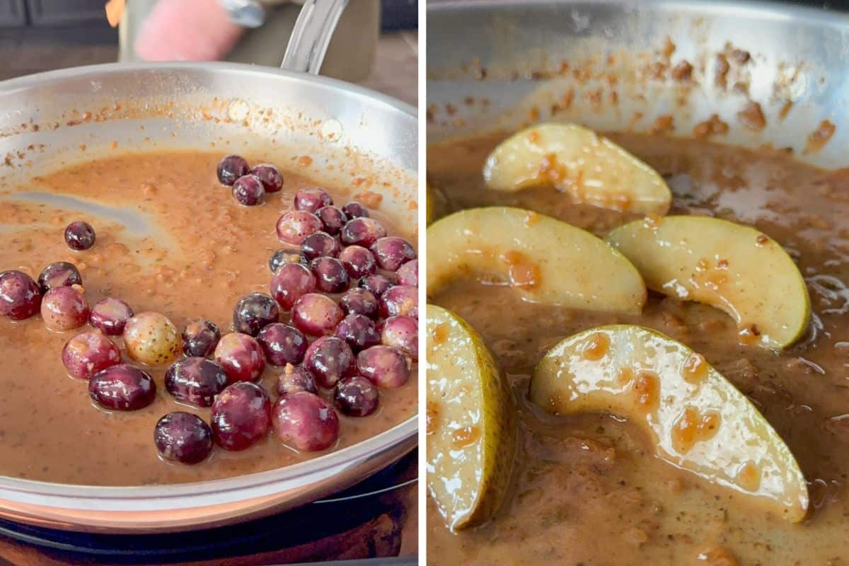 Toss the grapes and pears into the pan with the veal scallopini sauce.