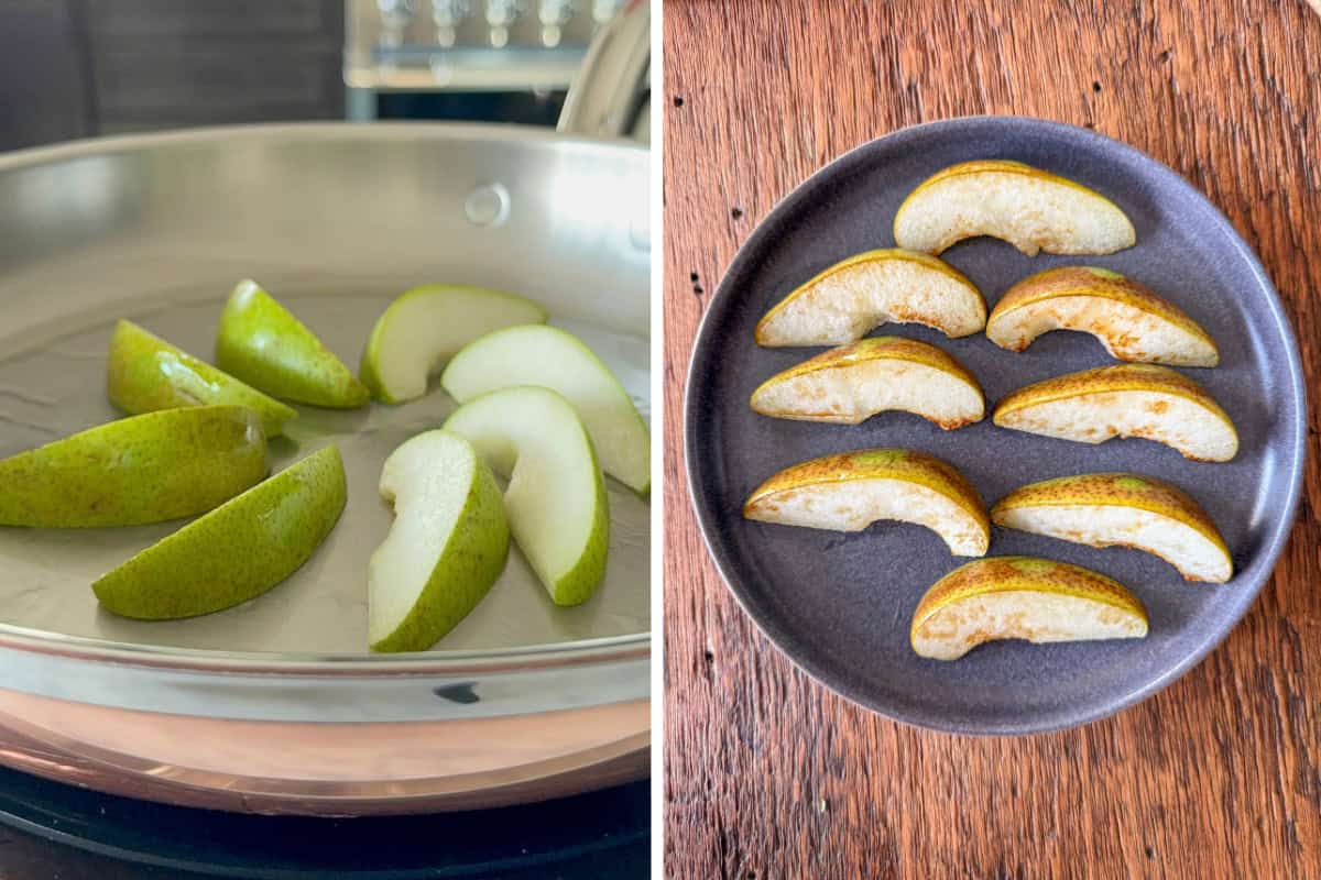 Caramelize the the pear slices in a pan until golden, they place them on a plate.