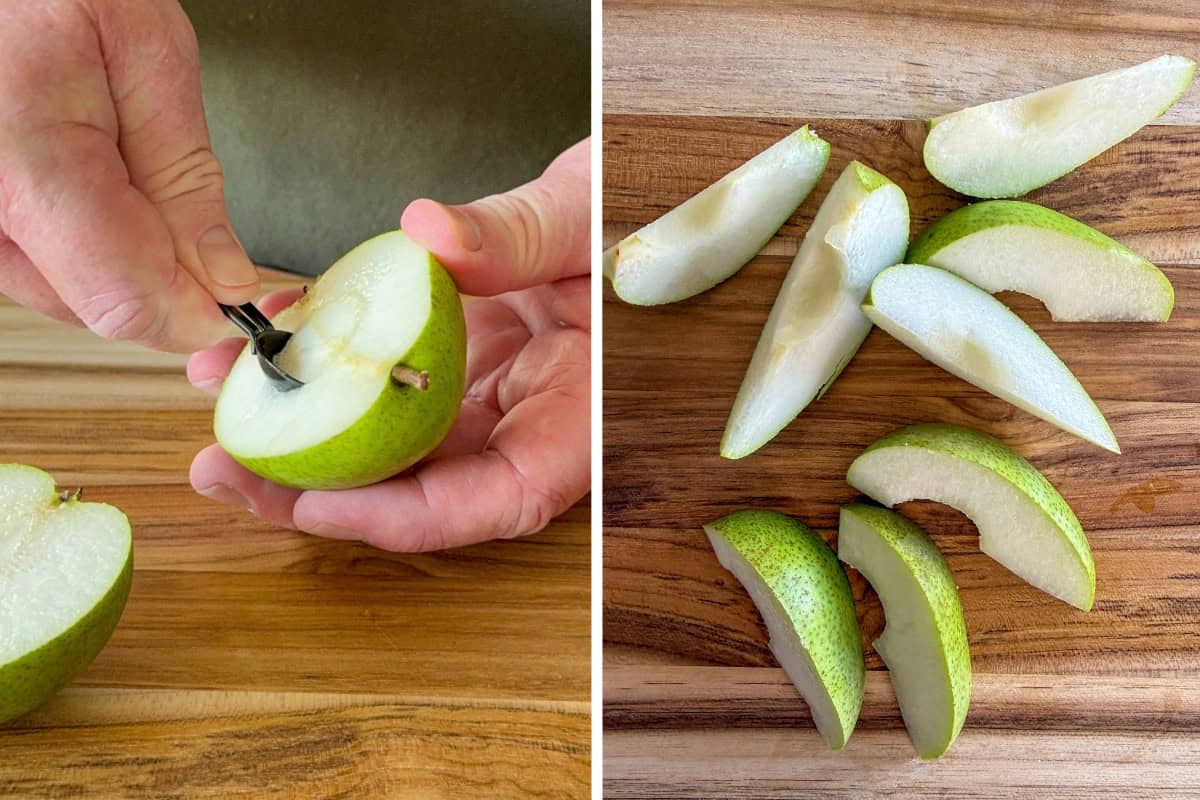 Use a ½ teaspoon measuring spoon to quickly scoop out the pear's core in one clean motion without tearing the flesh. Then slice into 8 pieces.