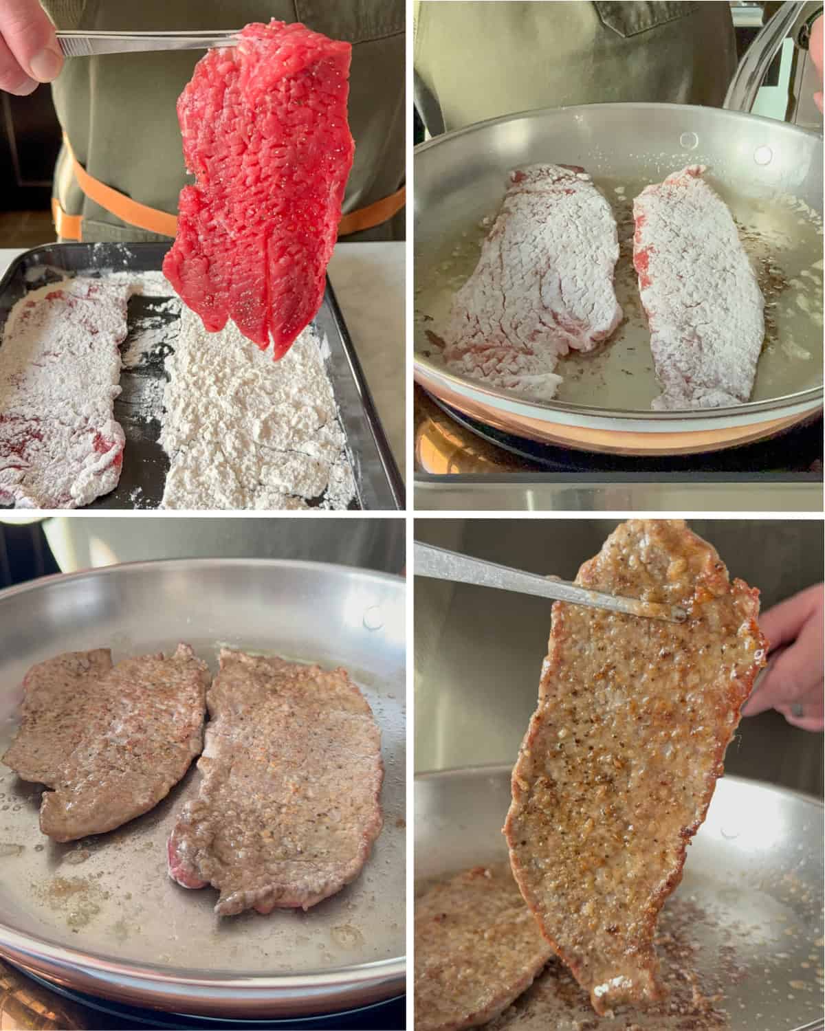 Dredge the veal scallopini in flour, then sear them quickly in a skillet.