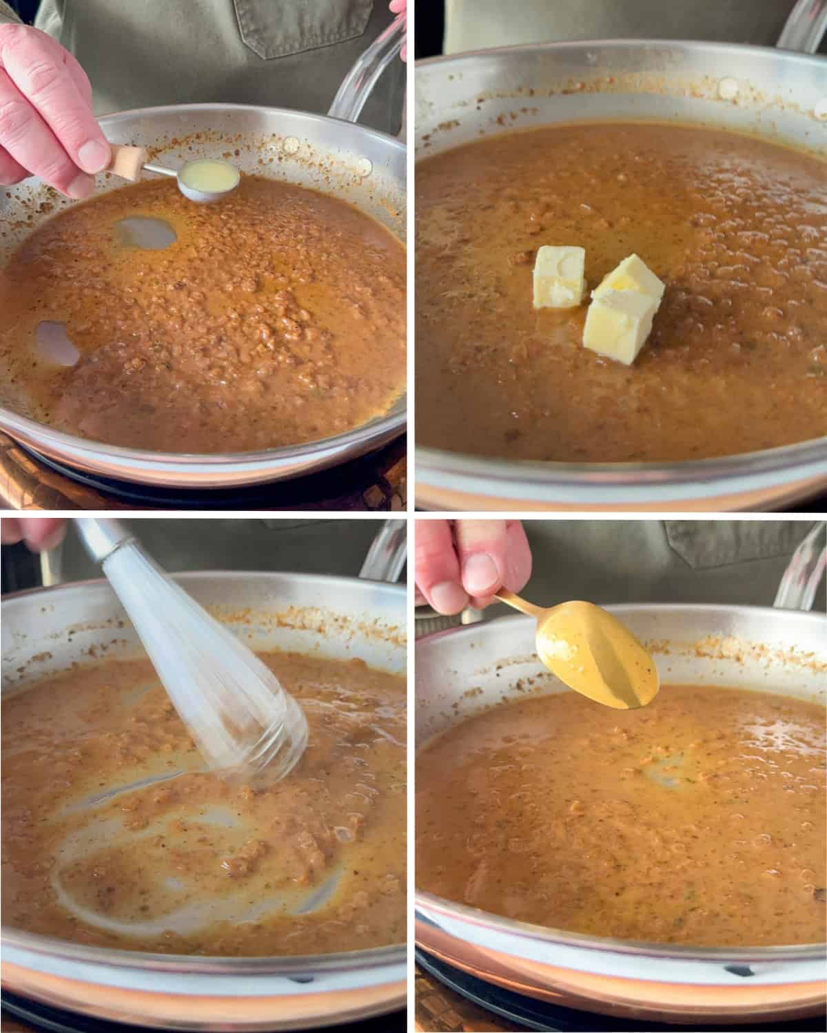 Finish the pan sauce for the Veal Scallopini with Ontario Blue Grapes & Pears. Add lemon juice and cold butter. Whisk until the sauce had thickened.