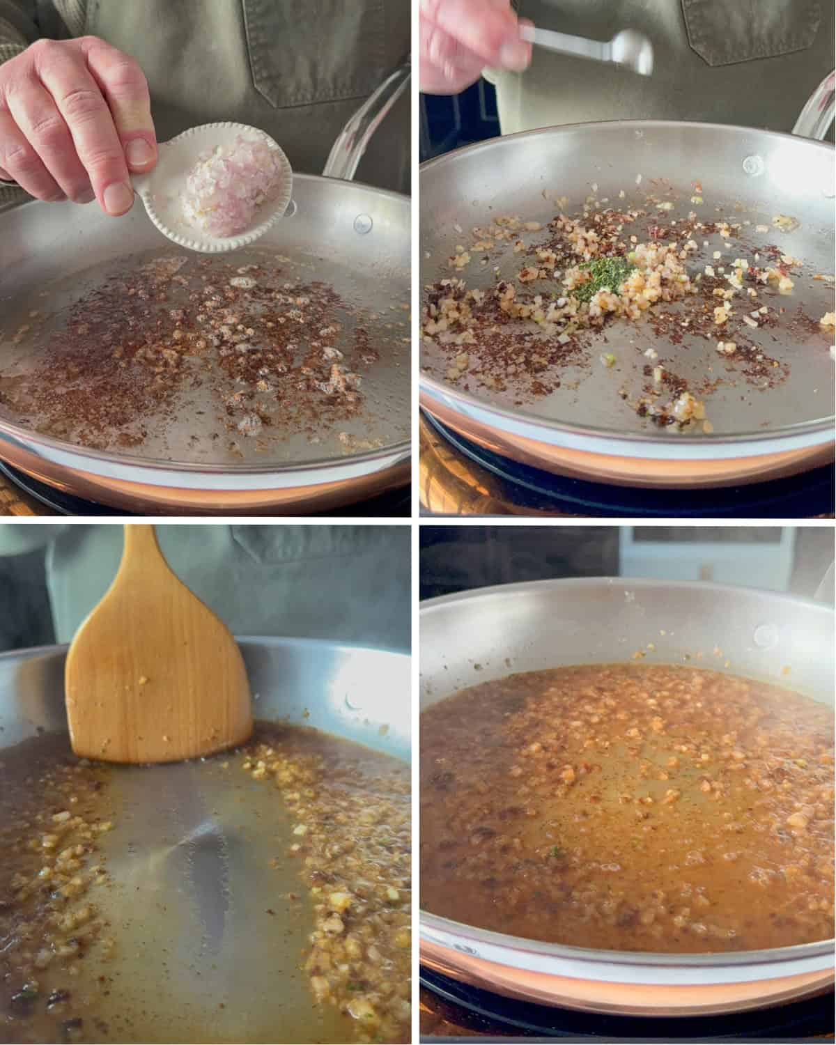 Build the blue grape and veal pan sauce by leaving the browned fond intact in the skillet, add the shallot and cook until translucent. Stir in the thyme leaves then pour in the Gewürztraminer.