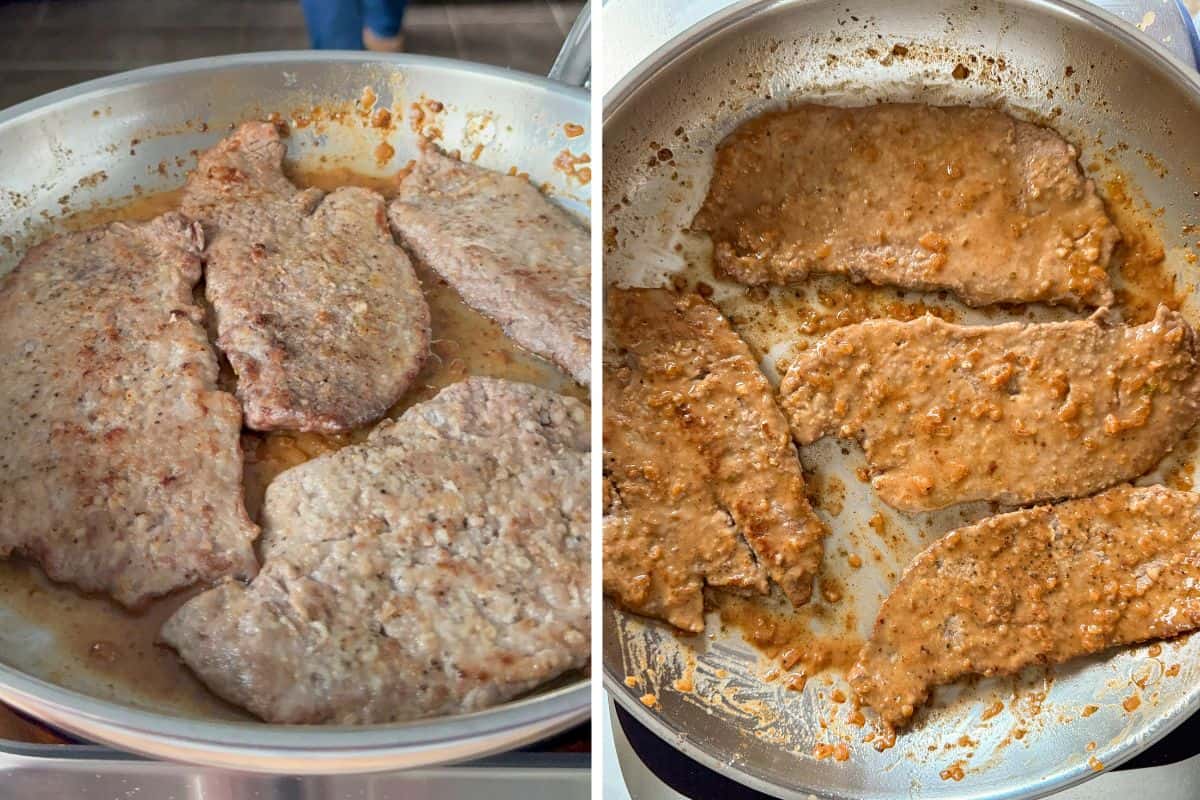 Pass the seared veal scallopini and its resting juices through the remaining pan sauce to coat.