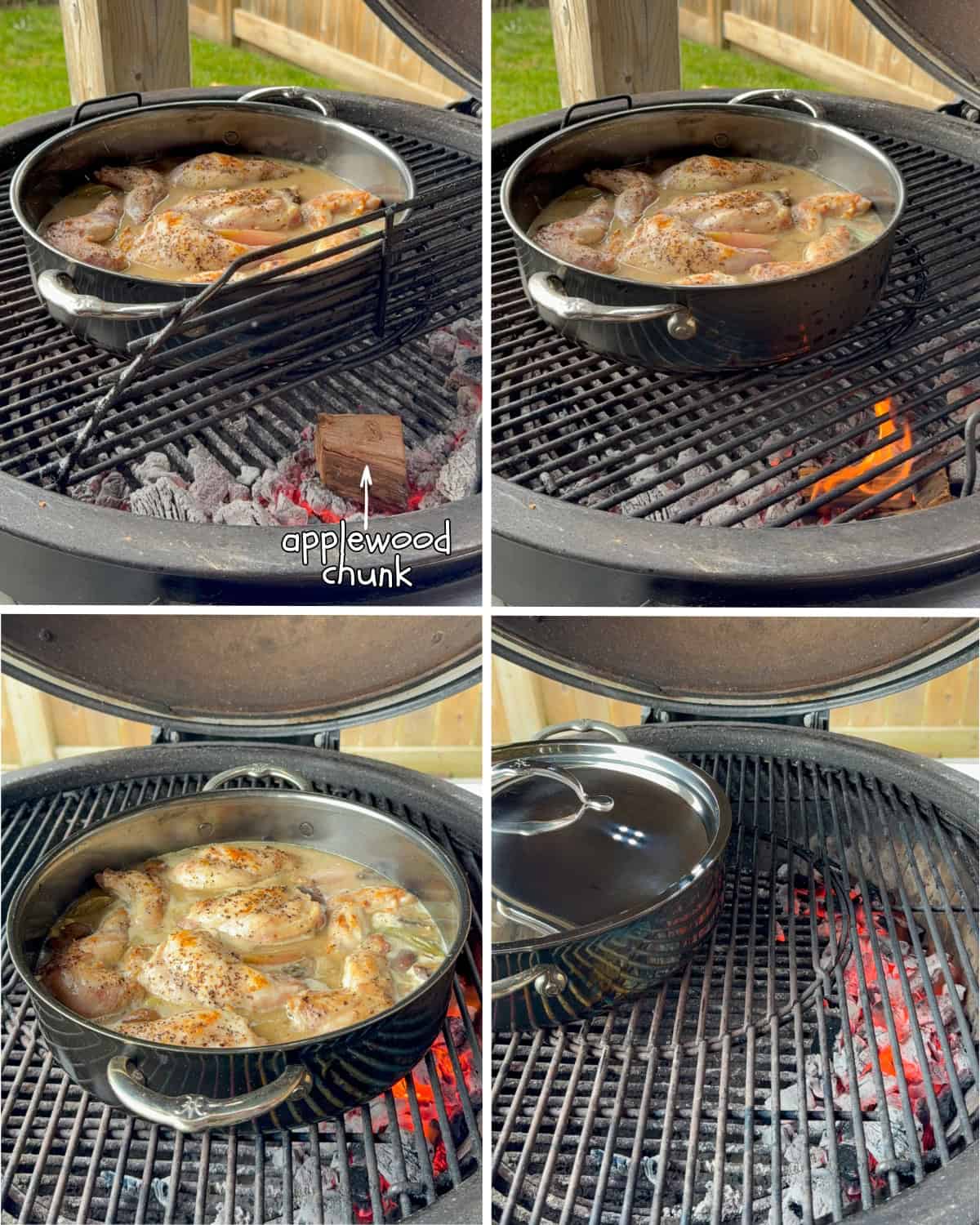 Add the applewood chunk into the coals, smoke the braise, then close the lid to finish braising.