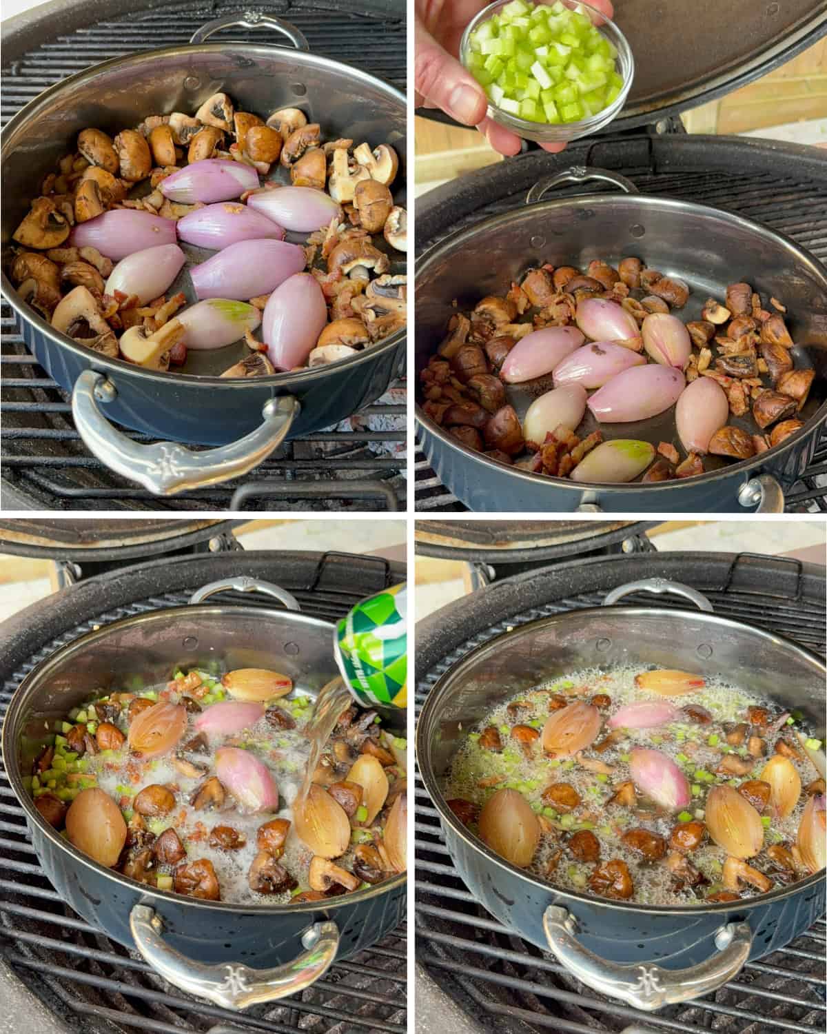 Build the braising base. Add the mushrooms, onions, celery, and cider, then simmer.