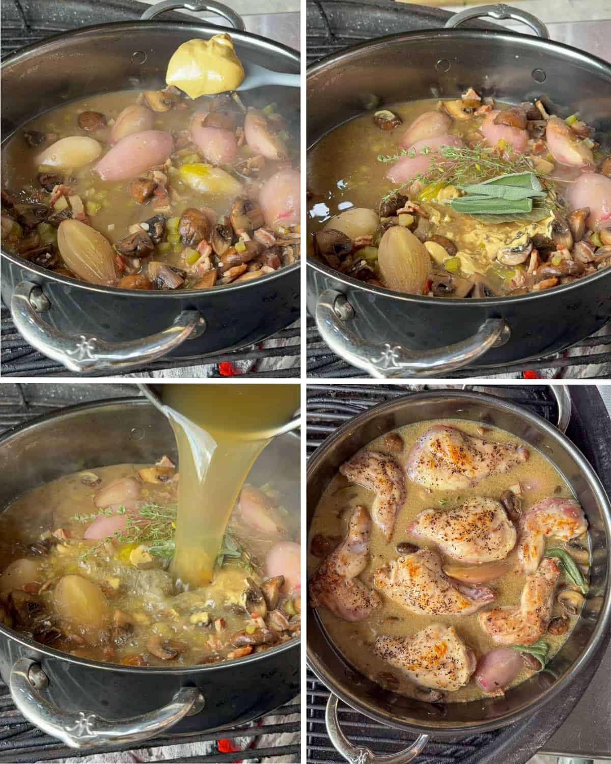 Stir in the mustard and nestle in the thyme sprigs, sage leaves, and bay leaf. Stir in unsalted chicken stock. Return the browned rabbit legs and shoulders (plus any plate juices) to the Rondeau on the BBQ.