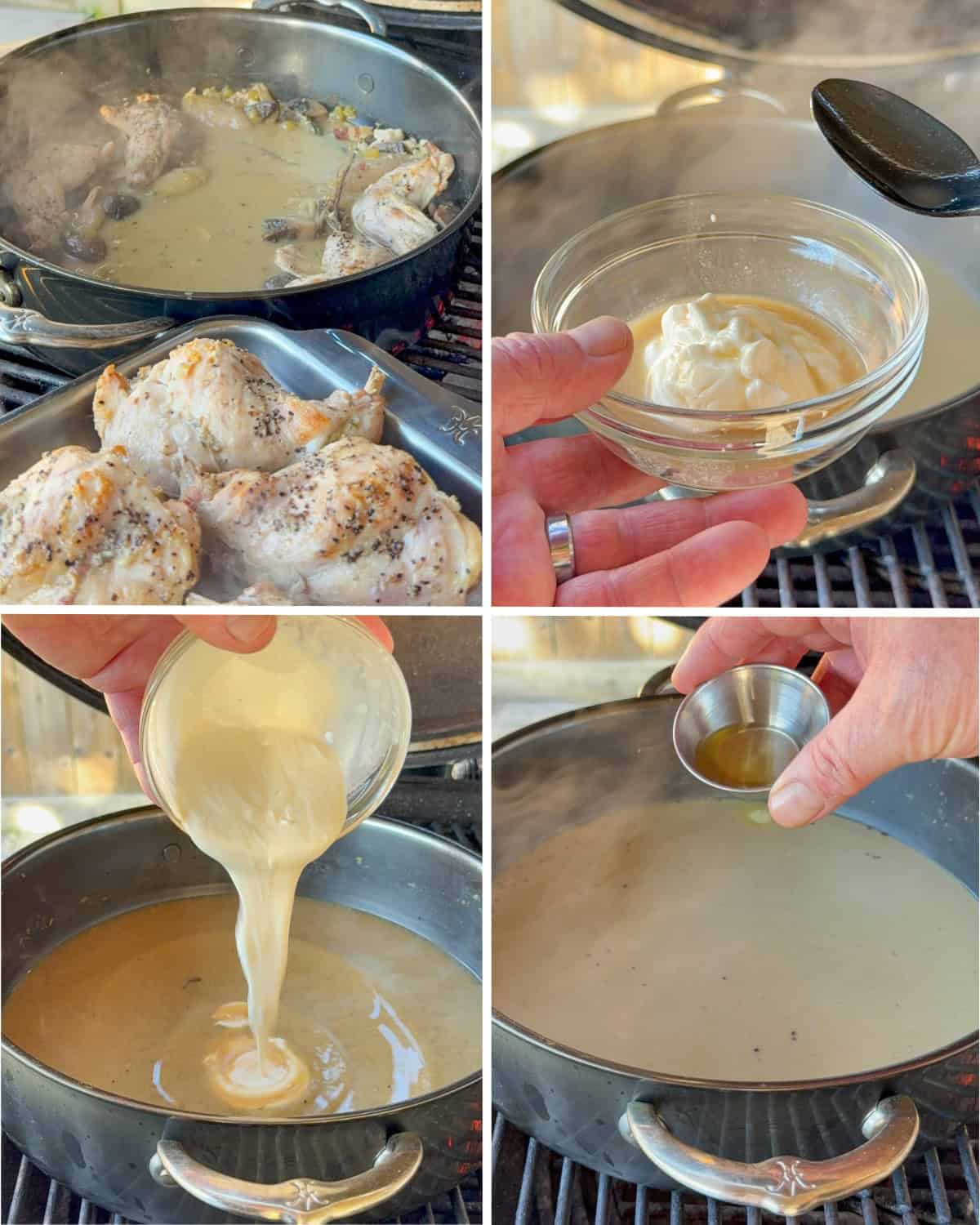 Take the rabbit, mushrooms, bacon and herbs out of the sauce. Temper the creme fraiche and stir it into the sauce, then add the mustard.