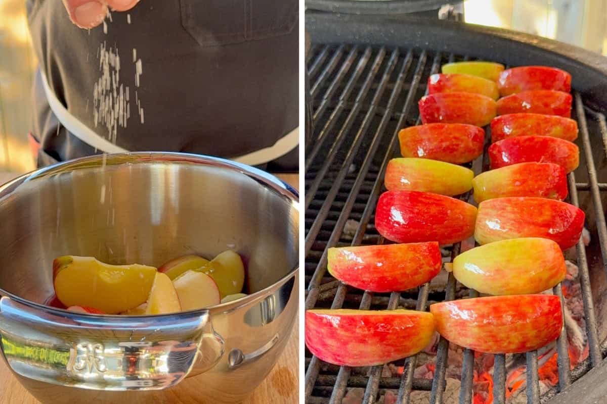 Toss the apple slices with olive oil and salt. Place the apple slices on the grill to char.