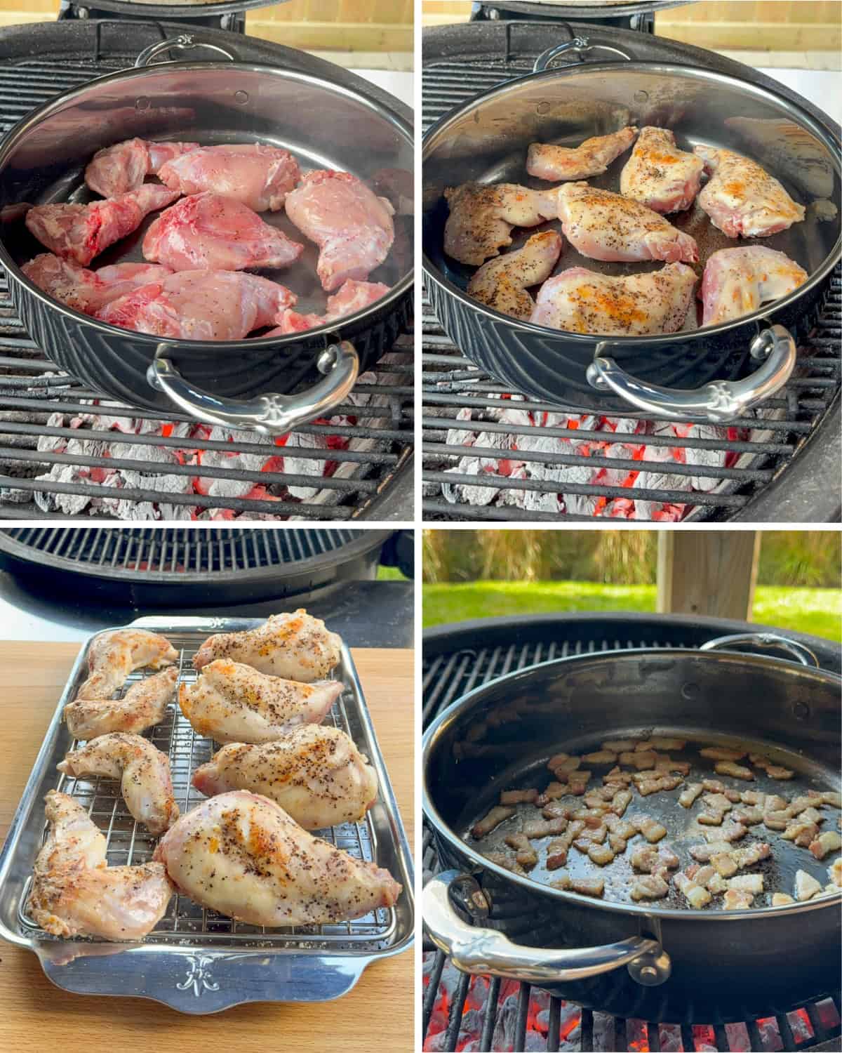 This shows the stages of searing the rabbit meat and bacon in a pan over a charcoal grill.