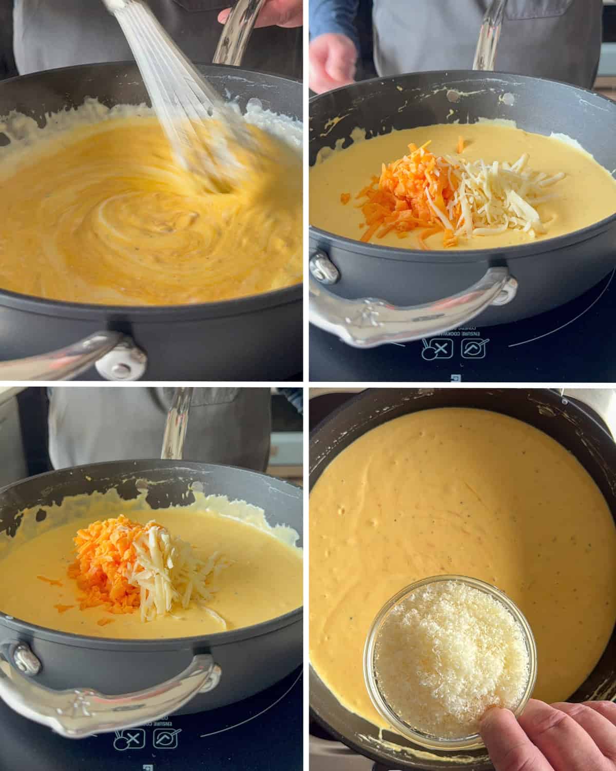 Add grated cheddar and Gruyère in small handfuls, stirring until each batch melts before adding the next. Stir in Parmesan.