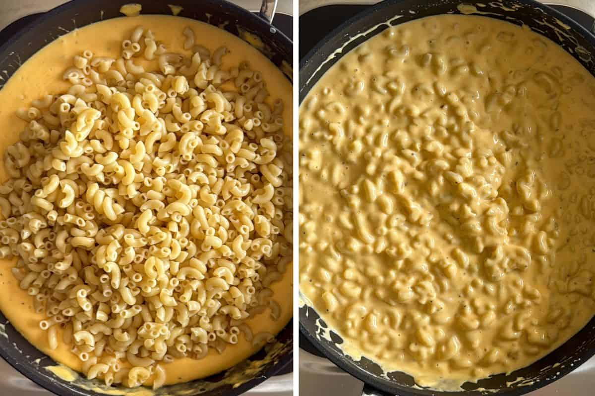 Add the macaroni to the cheese sauce.