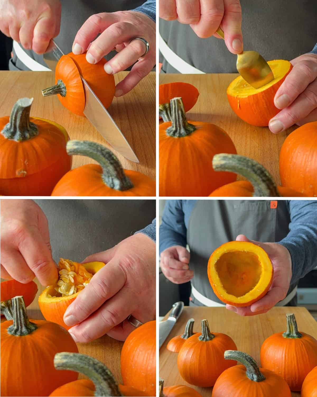 Cut the ends off the mini pumpkins and scoop out the seeds with a spoon.