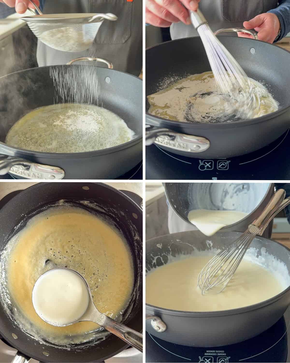 Make the roux, then whisk the warm milk and cream into the pot.