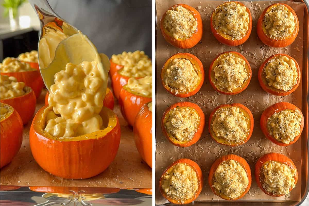 This image shows twelve mini pumpkin shells on a sheet pan. Each mini pumpkin is stuffed with mac and cheese, then topping them with panko breadcrumbs.