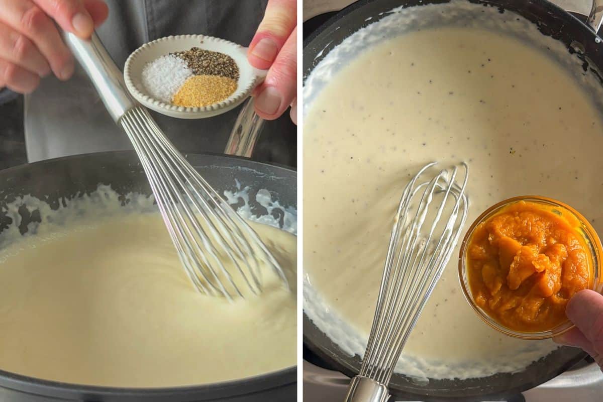 Cheese - whisk in the seasoning and puree