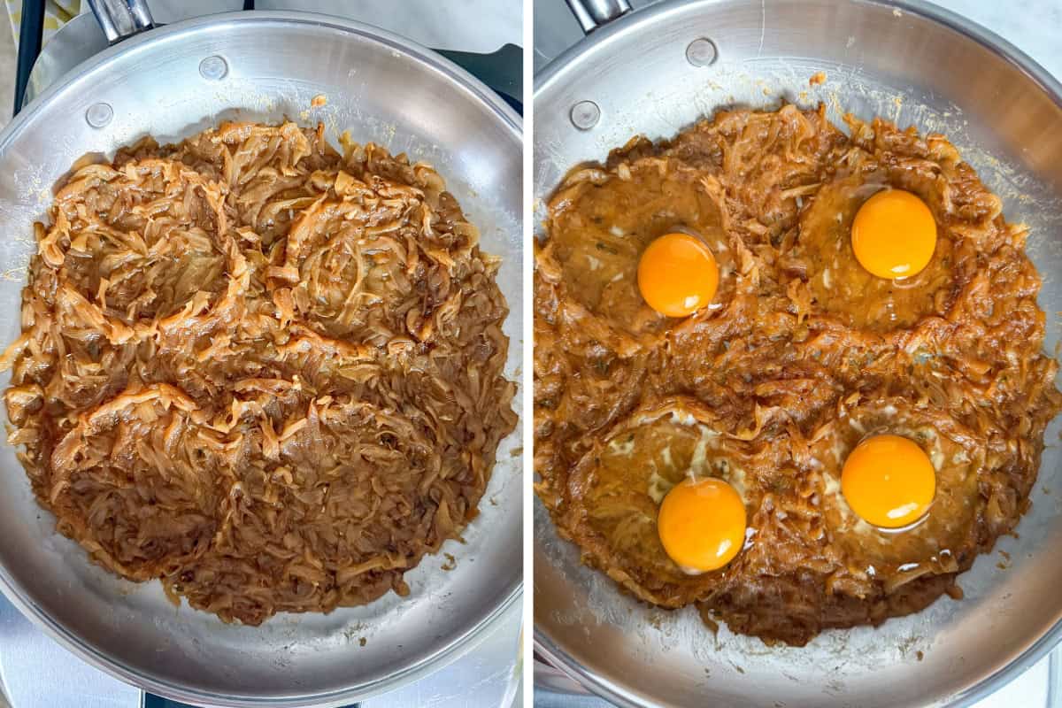 Make four 'wells' in skillet with the onions, then add the eggs and bake.