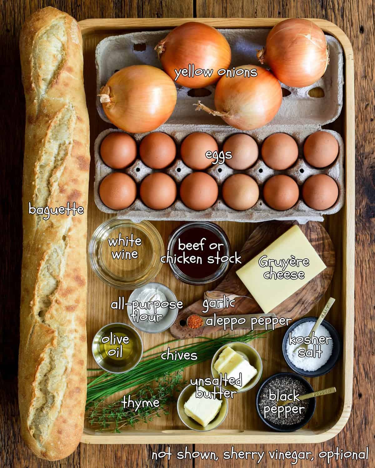 Ingredients laid out and labelled for a French Onion Skillet Baked Eggs with Gruyère recipe.