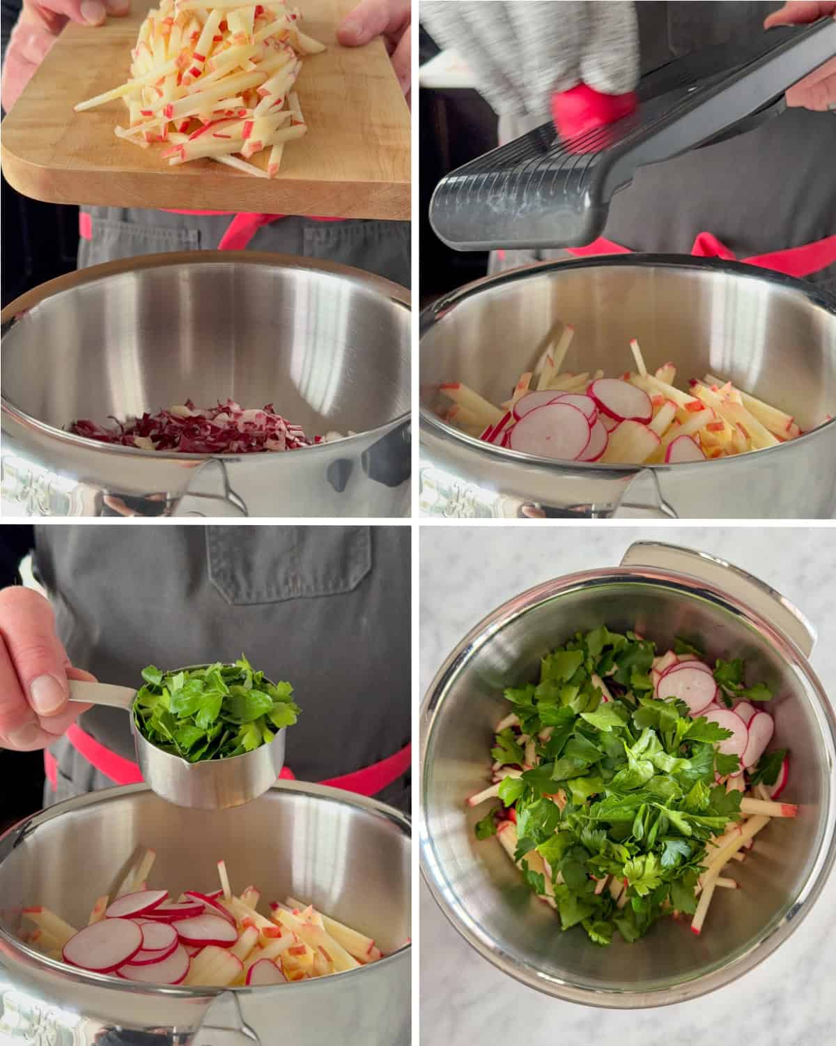 In a large mixing bowl, add the cold Honeycrisp matchsticks, shredded radicchio, sliced radishes, and fresh parsley leaves.