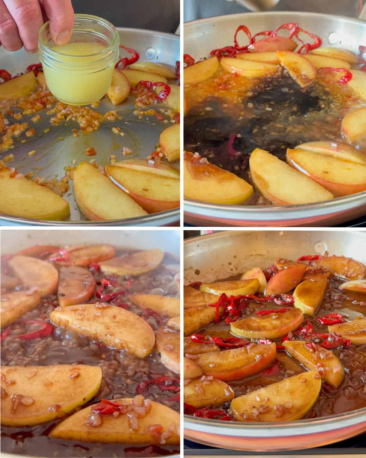Finish the spicy balsamic pan sauce with stock and balsamic. Bring to a simmer and reduce.