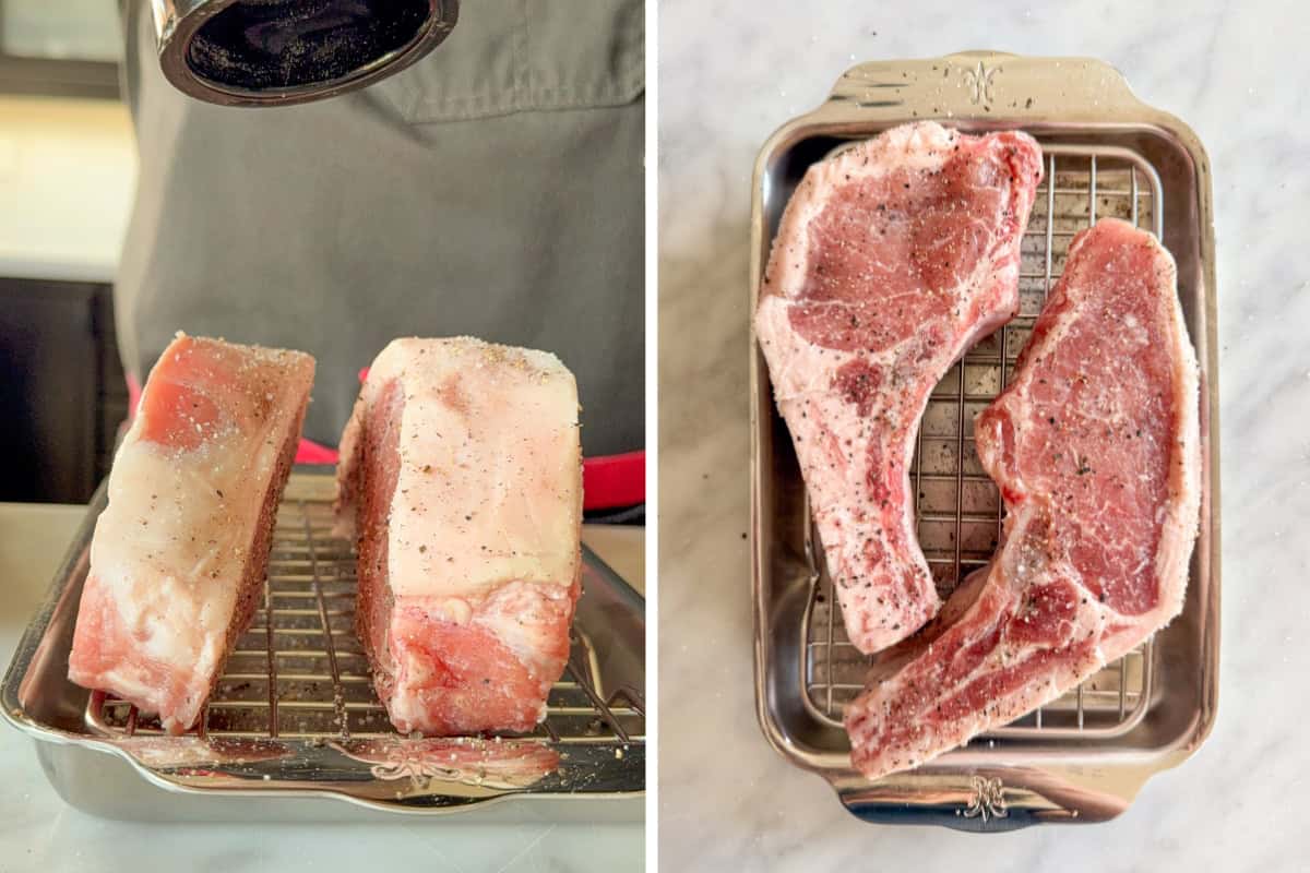 Two thick Berkshire pork chops are seasoned on all sides with salt and pepper, then placed on a rack over a sheet pan.