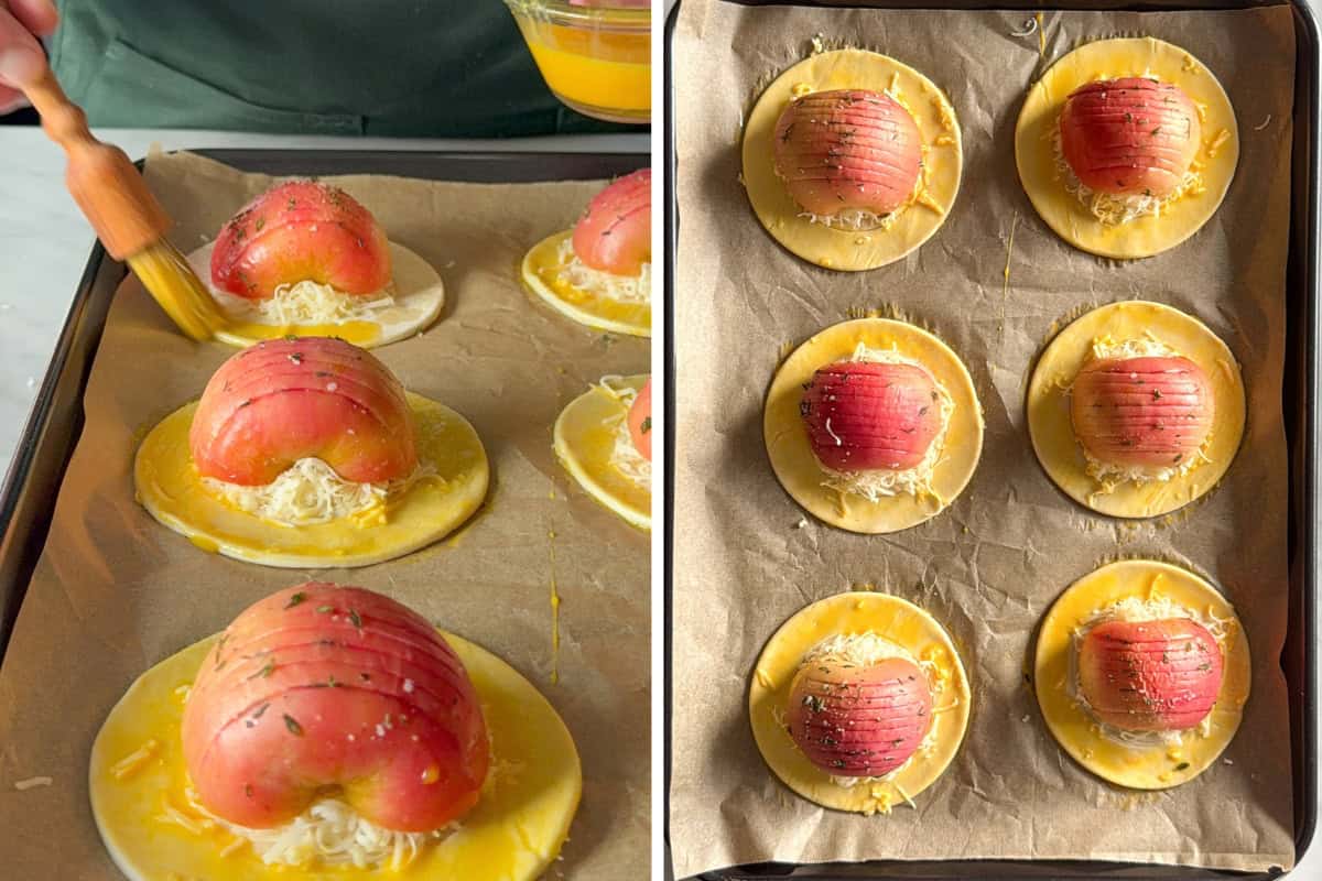 Brush the border of the apple & cheddar puff pastry tarts with an egg wash