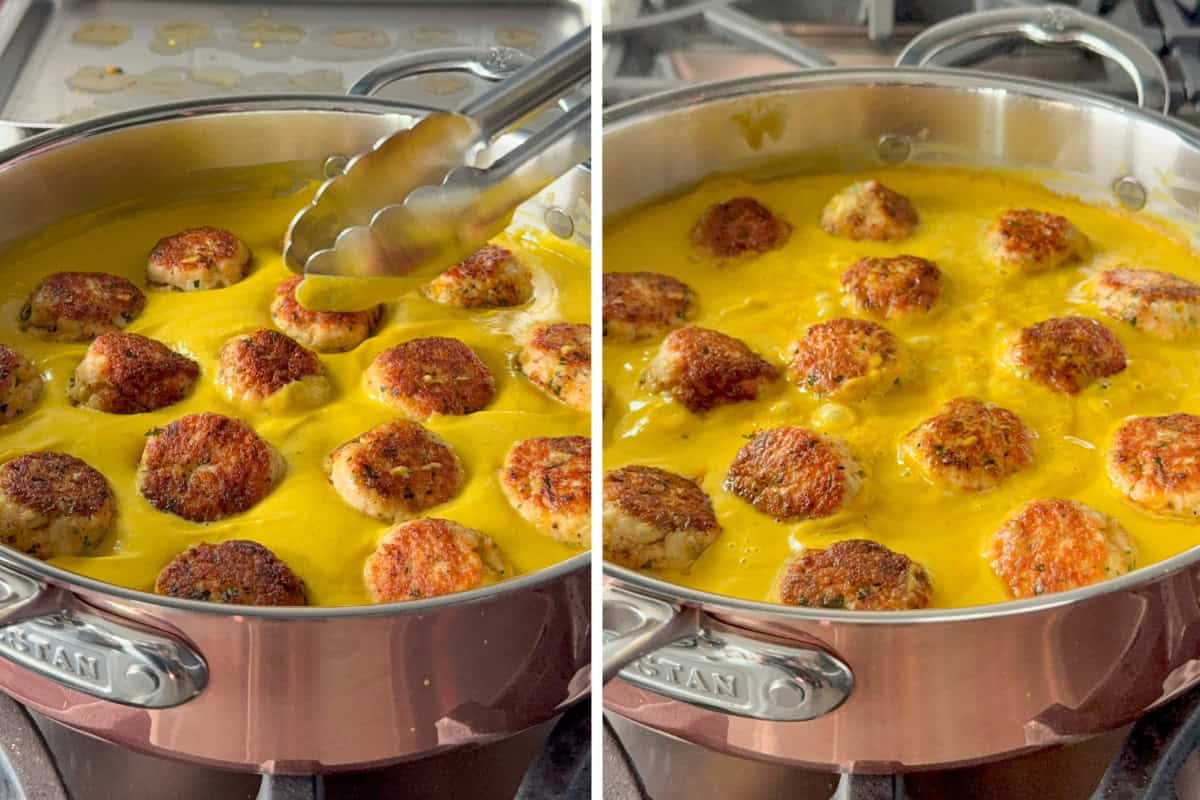 Place the turkey meatballs into the pumpkin sage sauce to finish cooking.