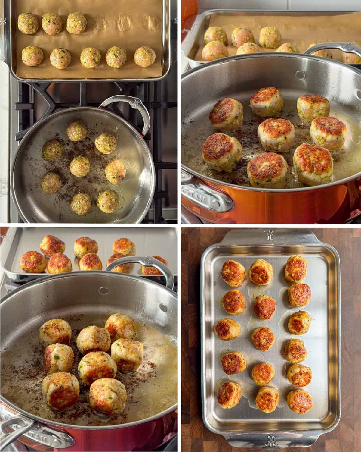 Brown the meatballs on all sides in a skillet. Work in batches so they don't overcrowd the copper pan.