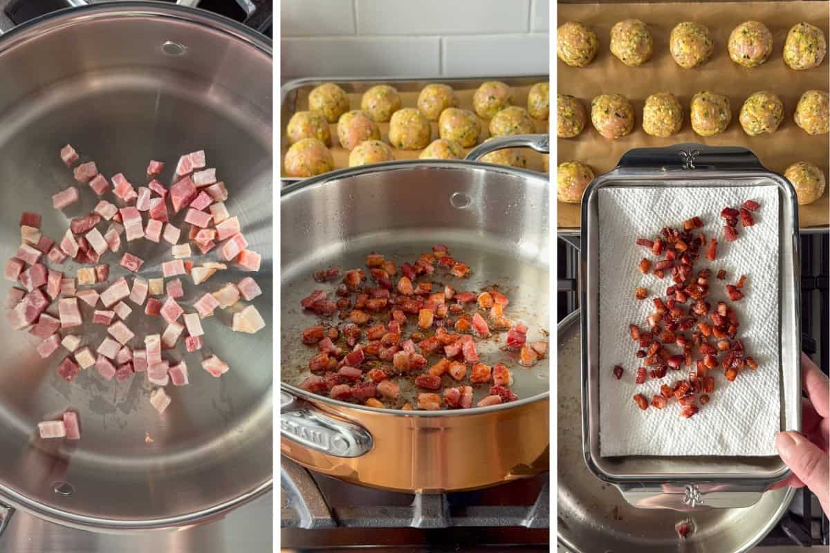 This image shows how to crisp up cubed pancetta. The crisp pancetta will later be used to top turkey meatballs