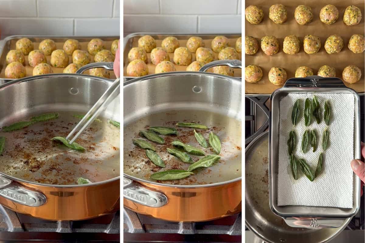 Drop dried sage leaves into hot rendered fat and fry for 10 to 20 seconds, until bubbling stops and the leaves turn crisp. Remove promptly to the plate. These crispy sage leaves will be used later to top a turkey meatball dish.