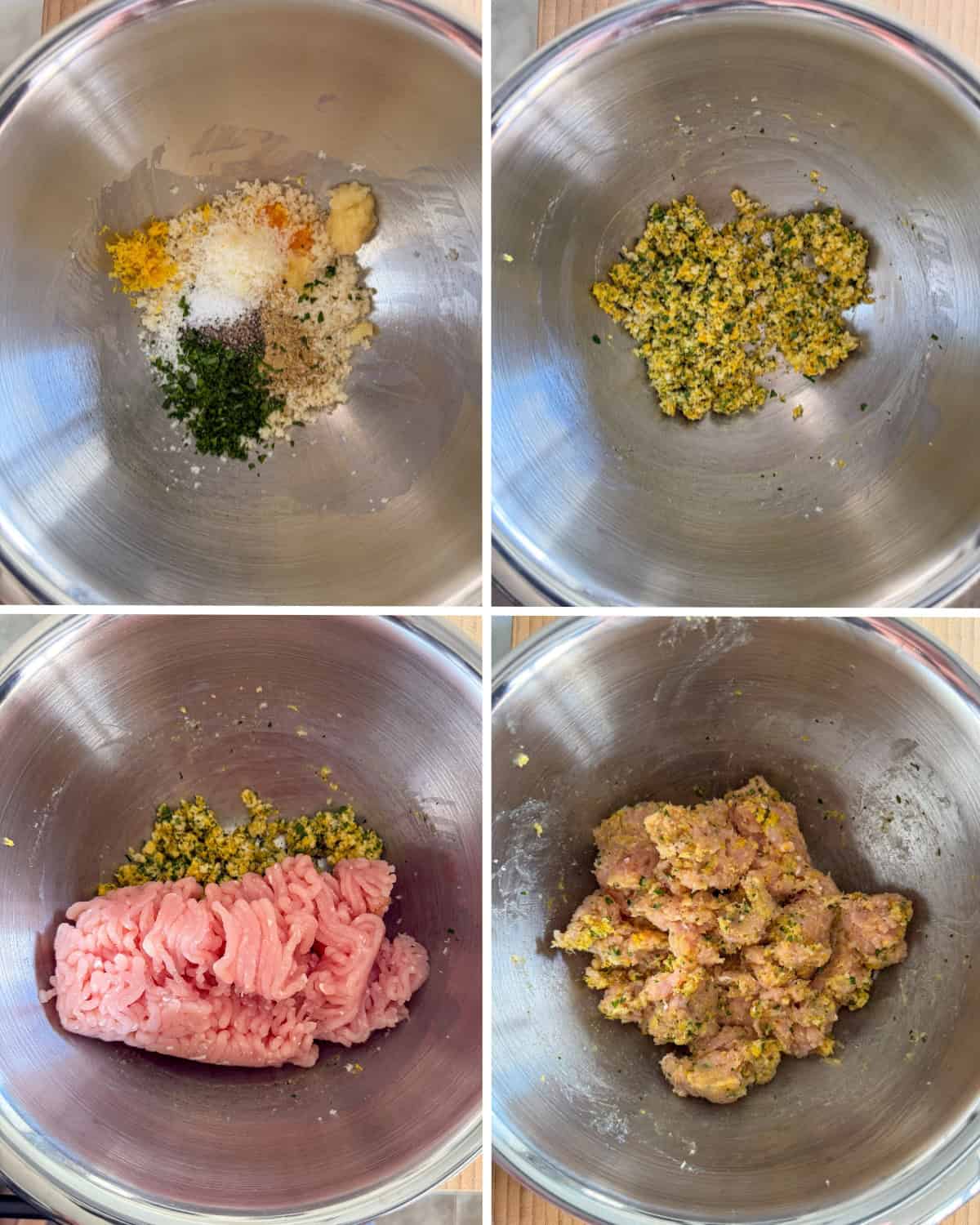 Stir in the panade, egg yolk, Parmesan, garlic, crushed fennel, lemon zest, parsley, salt, and black pepper until uniform. Add the ground turkey and lightly mix the meatball mixture.