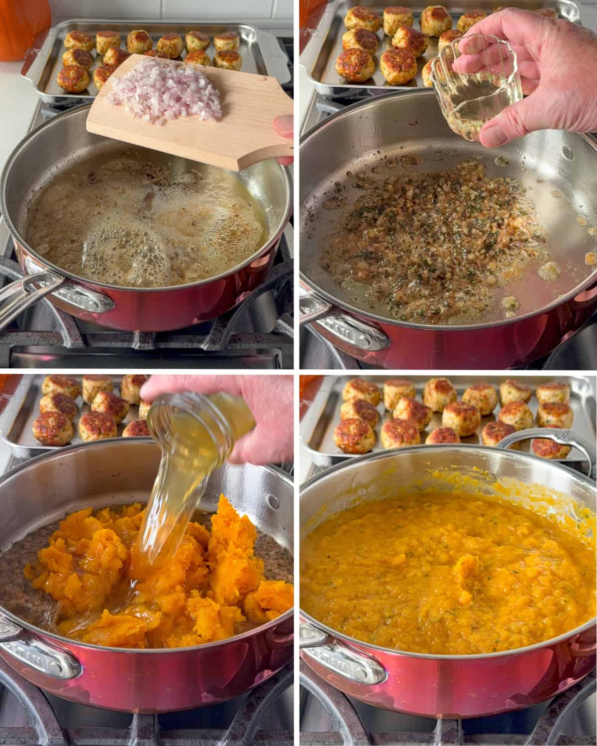 Add butter to the copper pan and add the shallots. Cook until translucent, then add the garlic, sage and pumpkin.