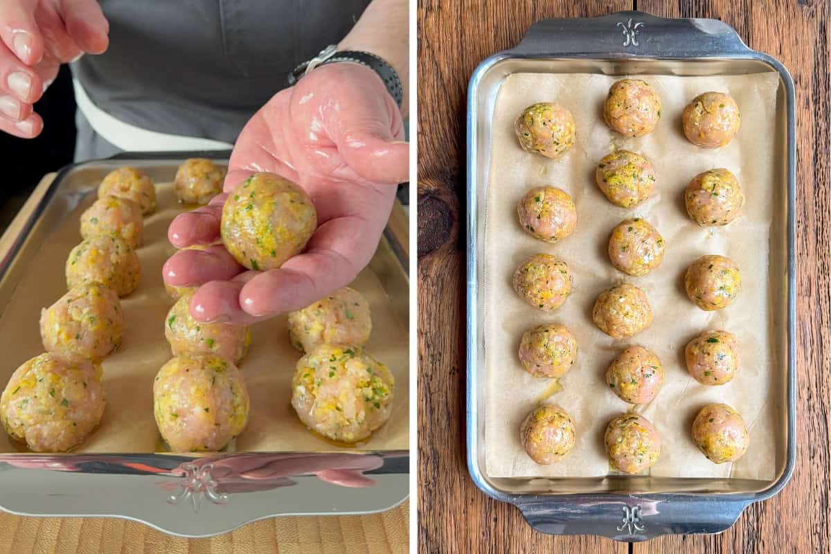 Roll the meatballs gently with damp hands into smooth spheres. Place on a parchment-lined sheet pan