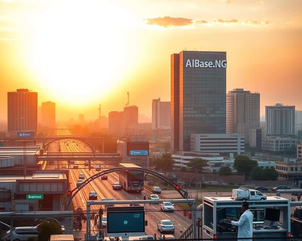 A bustling city skyline in Lagos, Nigeria, illuminated by the warm glow of an evening sun. In the foreground, a state-of-the-art AI research facility, the AIBase.NG logo prominently displayed. Scientists in lab coats collaborate on cutting-edge projects, their faces lit by the glow of computer screens. In the middle ground, a network of smart infrastructure - traffic lights, surveillance cameras, and autonomous vehicles - seamlessly integrated. The background features a modern, glass-and-steel government building, symbolizing the progressive policies driving Nigeria's AI revolution.