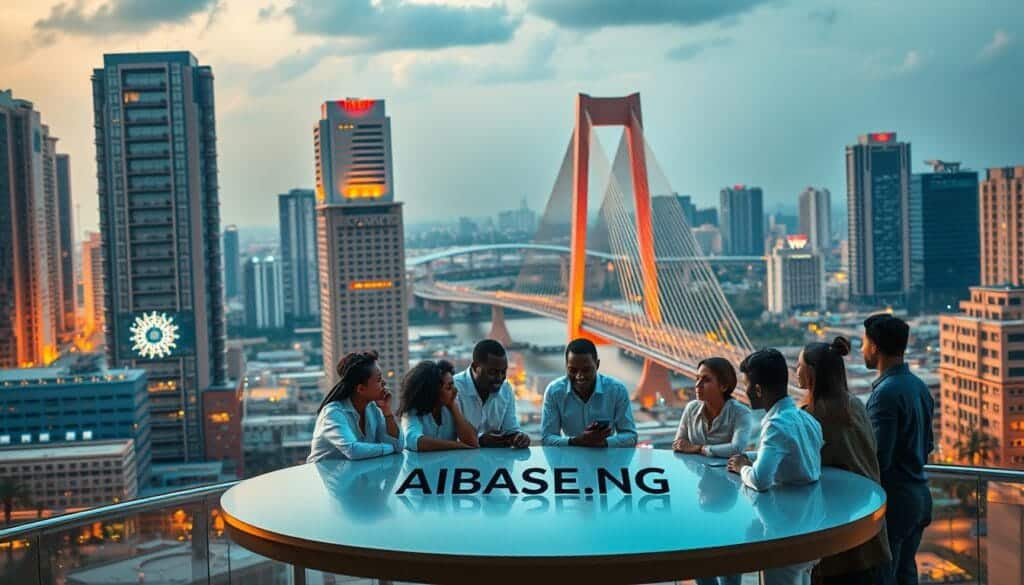 A bustling cityscape in Lagos, Nigeria, with towering skyscrapers and modern infrastructure. In the foreground, a group of young professionals gathered around a sleek table, discussing the latest advancements in artificial intelligence. The atmosphere is one of innovation and optimism, with the AIBAse.NG logo prominently displayed. Warm, vibrant lighting casts a glow over the scene, capturing the energy and dynamism of the AI industry in Nigeria. The middle ground features a mix of traditional and contemporary architecture, reflecting the country's rich cultural heritage and its embrace of technological progress. In the background, the iconic Lekki-Ikoyi Link Bridge spans the waterway, symbolizing the country's strides towards a future powered by AI.