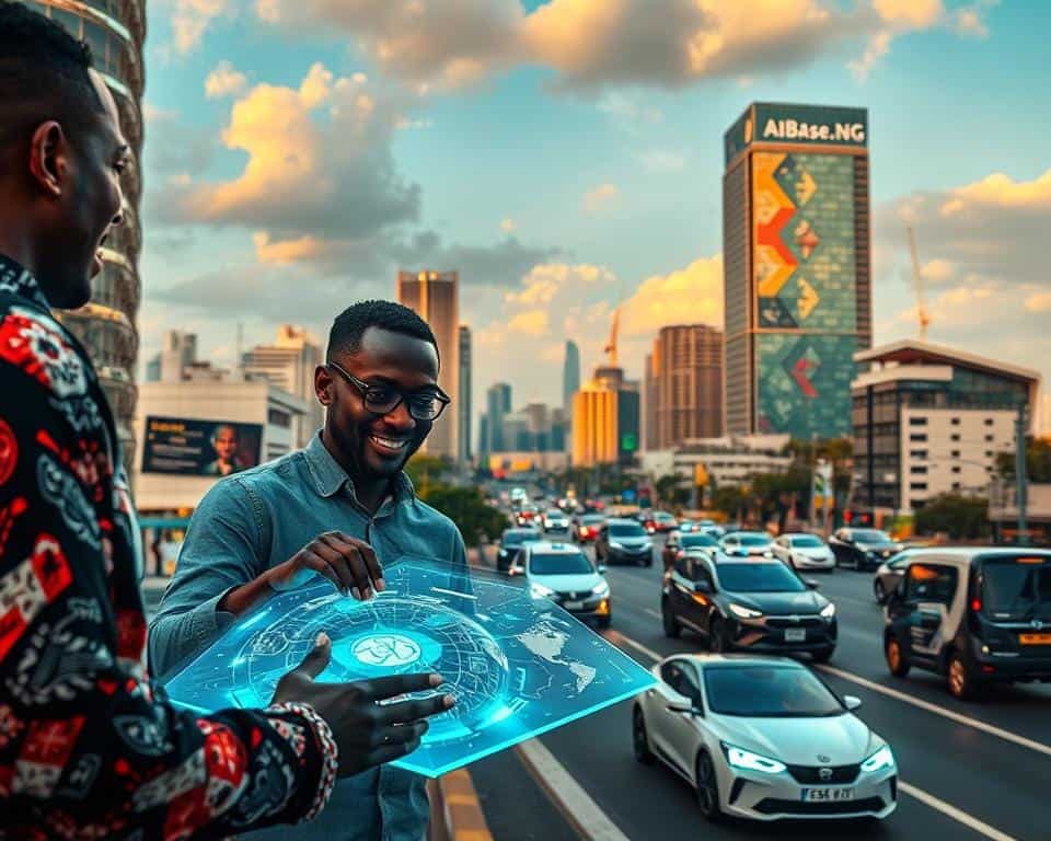A vibrant cityscape of Lagos, Nigeria, showcasing the cutting-edge innovations of AIBase.NG. In the foreground, a group of tech entrepreneurs collaborate on a futuristic holographic display, their faces aglow with excitement. The middle ground features sleek, self-driving vehicles navigating the bustling streets, while in the background, a towering skyscraper adorned with the AIBase.NG logo stands as a beacon of technological progress. The scene is bathed in a warm, golden light, conveying a sense of optimism and the promise of a tomorrow transformed by the power of artificial intelligence.