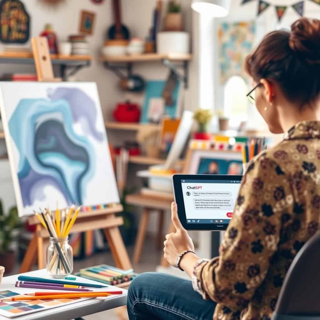 Artist using ChatGPT AI chatbot for creative inspiration