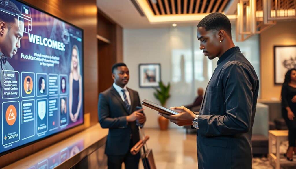Futuristic vision of AI-enhanced Nigerian hospitality with staff and technology working together