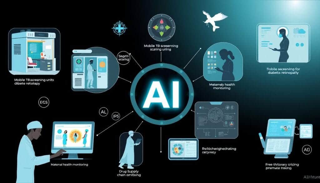 Futuristic visualization of AI applications in Nigerian healthcare showing multiple use cases