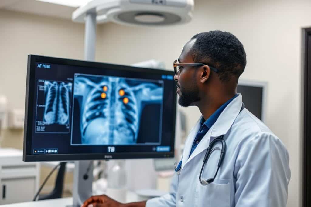 Healthcare professional analyzing chest X-rays with AI diagnostic assistance in a Nigerian hospital