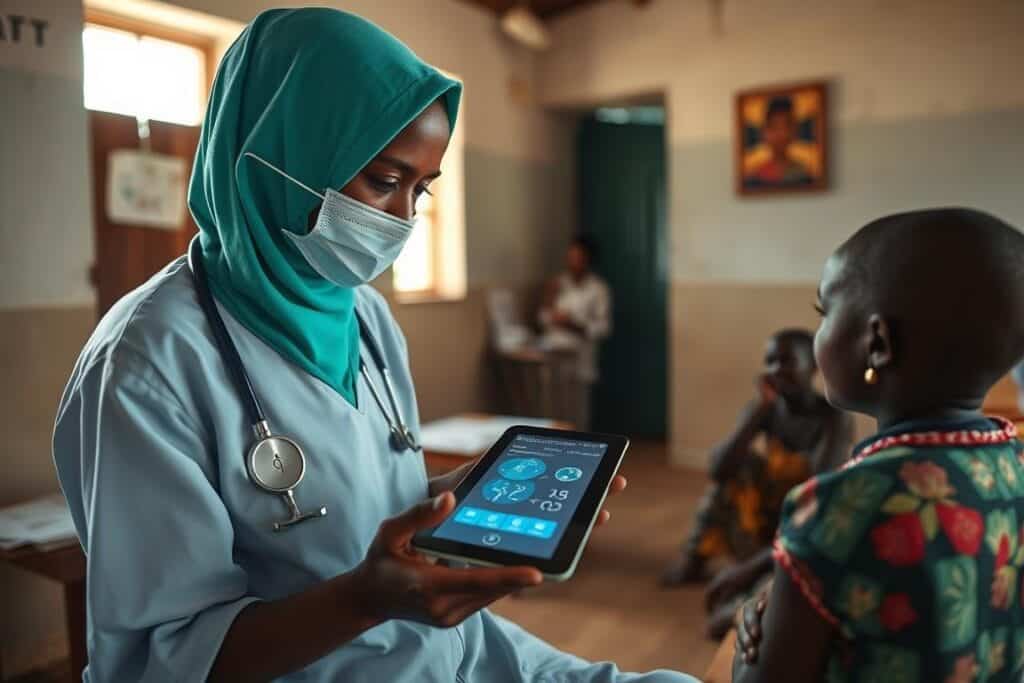 Healthcare worker using AI diagnostic tool in a rural African clinic
