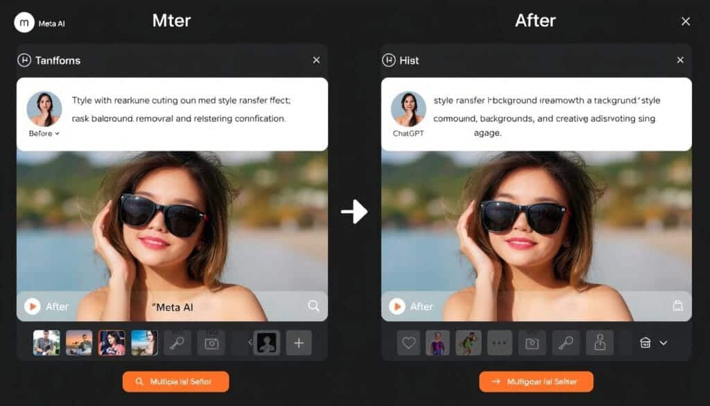 Meta AI interface showing image editing capabilities with style transfer and background removal