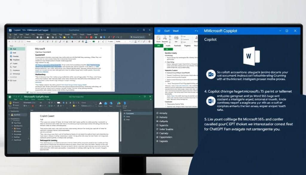 Microsoft Copilot integrated with Office apps showing document analysis and content generation