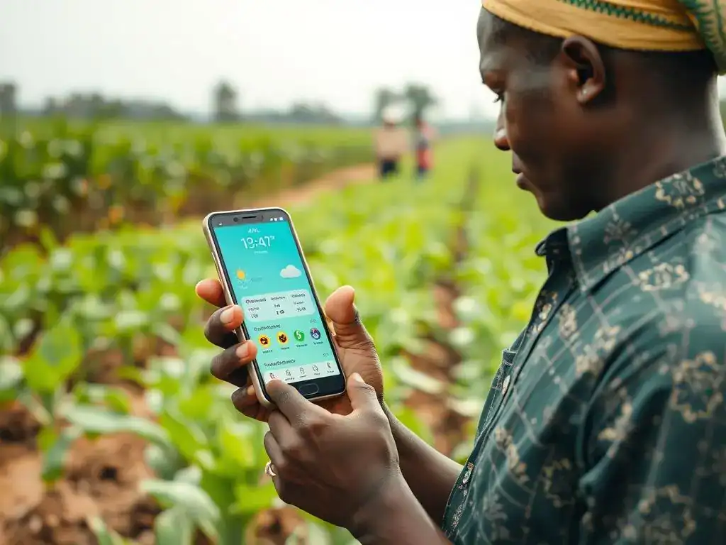 Nigerian farmer using AI agricultural advisory app on smartphone