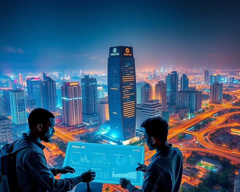 Vibrant cityscape of Lagos, Nigeria, bustling with AI-powered innovations. In the foreground, a group of tech entrepreneurs collaborating on a sleek AIBase.NG dashboard, their faces lit by the glow of futuristic holographic displays. In the middle ground, a towering skyscraper adorned with the AIBase.NG logo, symbolic of the company's growing presence in the Nigerian tech ecosystem. The background features a panoramic view of the city's skyline, with modern high-rises and transportation hubs, all connected by a network of AI-driven smart infrastructure. The scene exudes a sense of optimism and progress, capturing the dynamic energy driving the future of AI adoption in Nigeria.