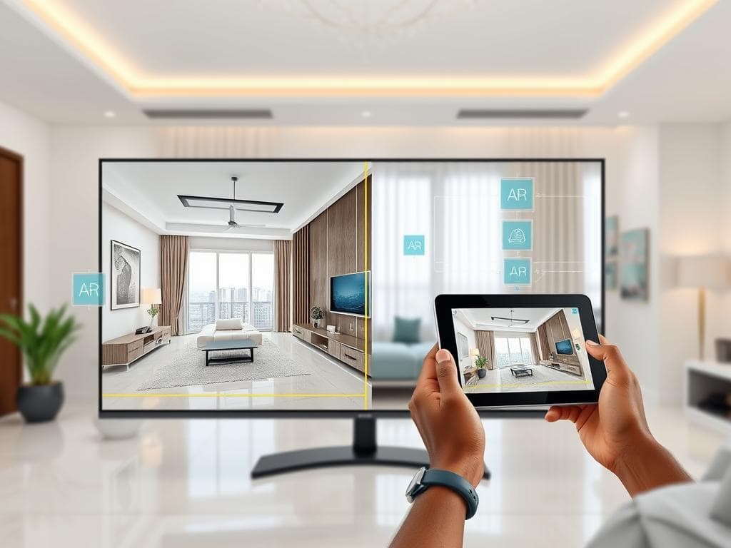 Virtual property tour using AI technology showing Nigerian property with digital overlay and remote viewing interface