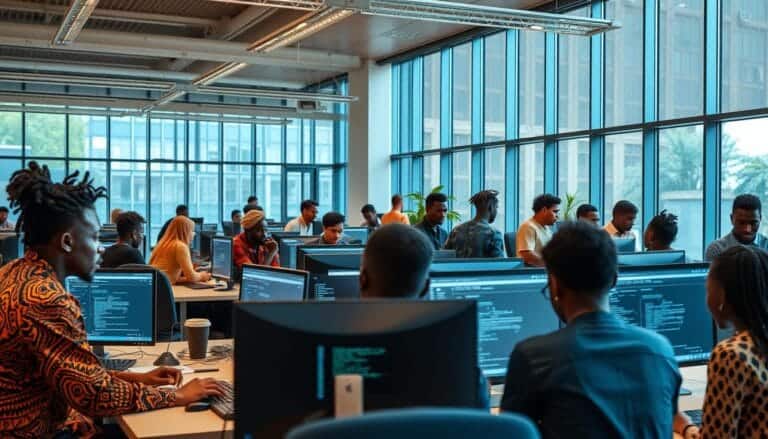 Young African developers working on AI projects in a modern tech hub in Nairobi, showcasing Africa AI development in action