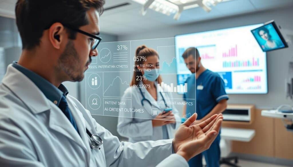 A modern clinical setting showcasing a Clinical Decision Support System in action. In the foreground, a doctor in professional attire interacts with a sleek, holographic interface displaying various patient data and AI-driven analytics. In the middle ground, a nurse assists, reviewing patient charts with focus. The background features a bright, well-organized surgery room with medical equipment and a large screen displaying positive patient outcomes in vibrant graphs. Soft, natural lighting illuminates the scene, creating a calm and hopeful atmosphere. The angle is slightly elevated, capturing the dynamic interaction between healthcare professionals and technology, emphasizing the integration of AI in enhancing patient care.