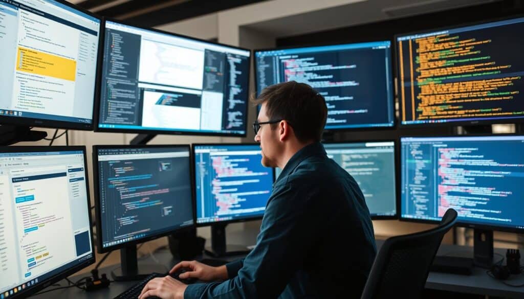 Developer working with AI tools on multiple screens showing code and visualizations for AI predictions 2026