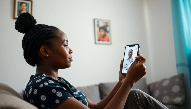 Nigerian patient consulting with doctor via AI-powered telehealth platform on smartphone