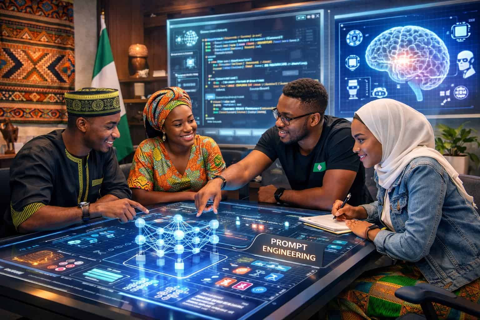 A group of young professionals collaborating in a bright tech workspace with digital screens showing AI data and algorithms.